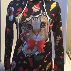 Holiday cat & ornaments hooded long sleeve dress